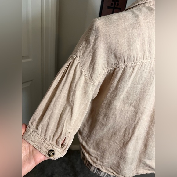 Zara cream 100% Linen semi cropped high low-low button down blouse oversized S - Picture 6 of 12